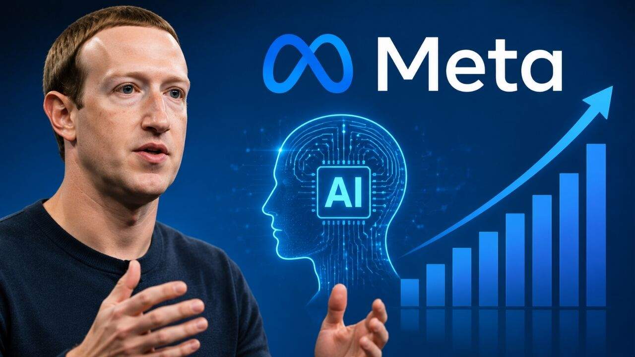 Meta कंपनी का AI विकास, डेटा सेंटर और AI एजेंट्स की प्रगति दिखाने वाला सरल ग्राफिकल चित्र