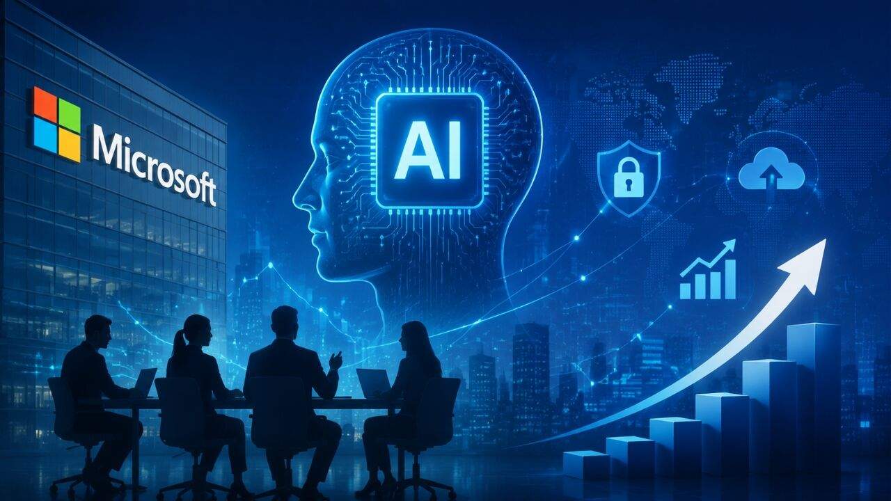 Microsoft Frontier Company के AI आधारित बिजनेस ट्रांसफॉर्मेशन मॉडल और एंटरप्राइज AI प्लेटफॉर्म का ग्राफिकल चित्र