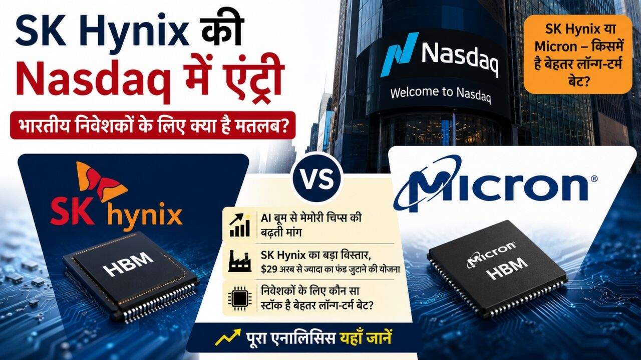 SK Hynix और Micron के AI मेमोरी चिप्स, डेटा सेंटर और Nasdaq लिस्टिंग को दर्शाता सांकेतिक चित्र।