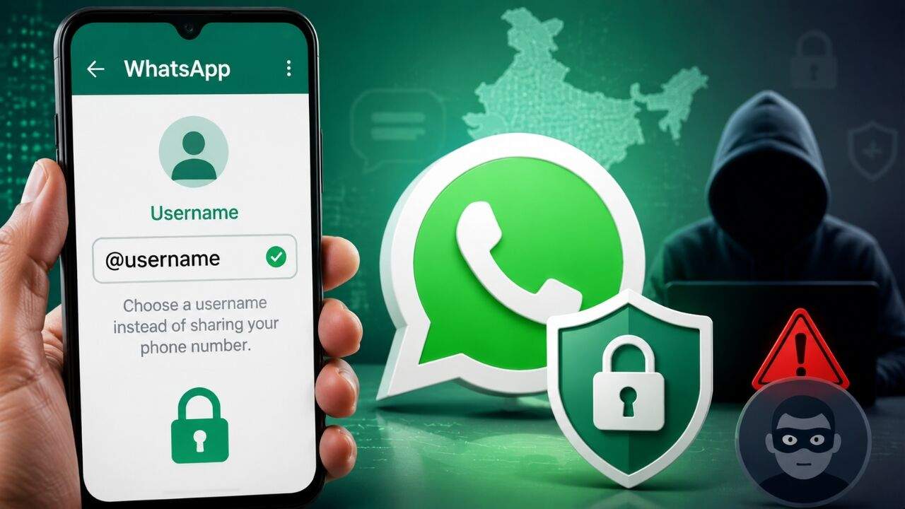 WhatsApp यूज़रनेम फीचर, मोबाइल नंबर की जगह डिजिटल पहचान और प्राइवेसी व साइबर सुरक्षा की चर्चा का ग्राफिकल चित्र