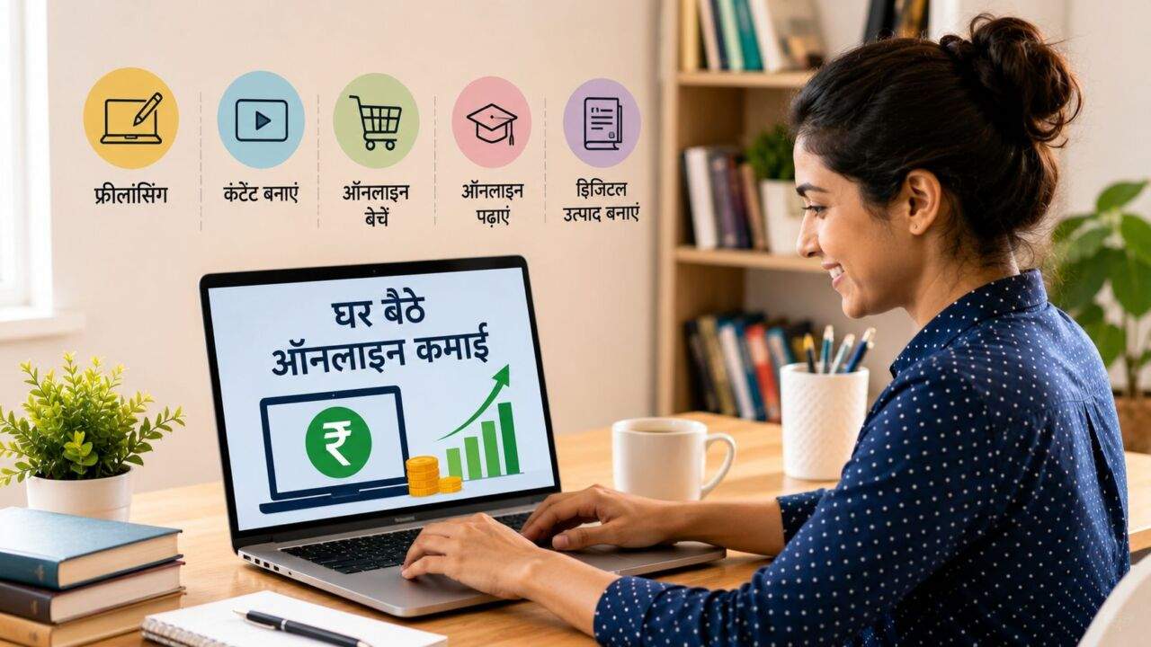 घर बैठे ऑनलाइन कमाई के लिए लैपटॉप पर काम करता व्यक्ति