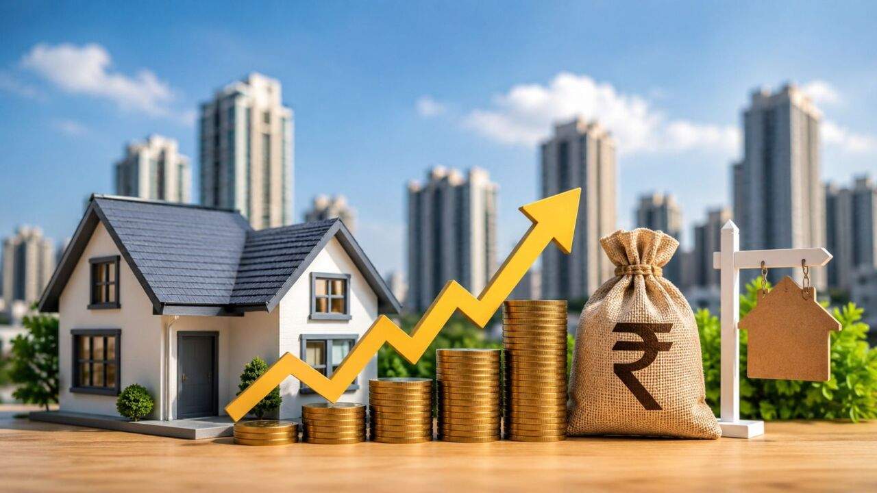 रियल एस्टेट निवेश को दिखाते हुए घर, अपार्टमेंट और बढ़ते ग्राफ का दृश्य
