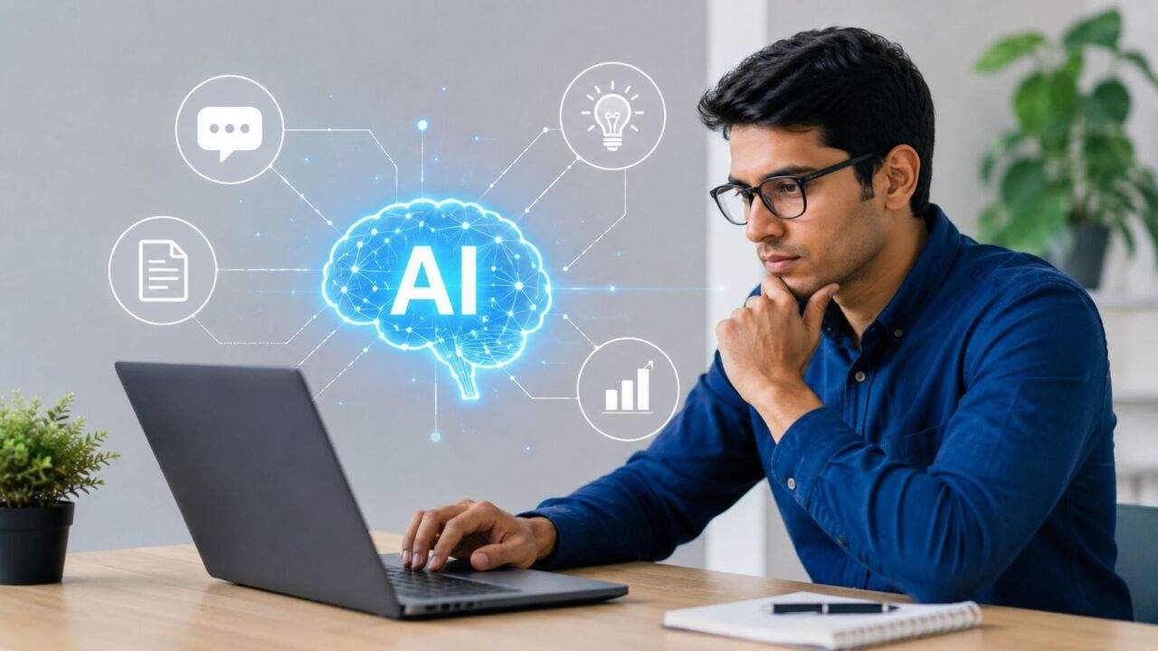 AI का सही इस्तेमाल दिखाती फीचर इमेज, जिसमें लैपटॉप पर काम करता व्यक्ति और आर्टिफिशियल इंटेलिजेंस का डिजिटल प्रतीक दिखाई दे रहा है।