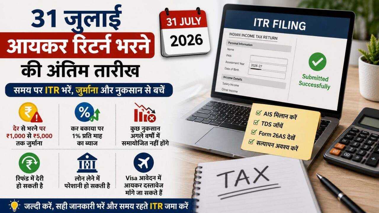 लैपटॉप पर Income Tax Return भरता हुआ व्यक्ति और ITR दस्तावेज