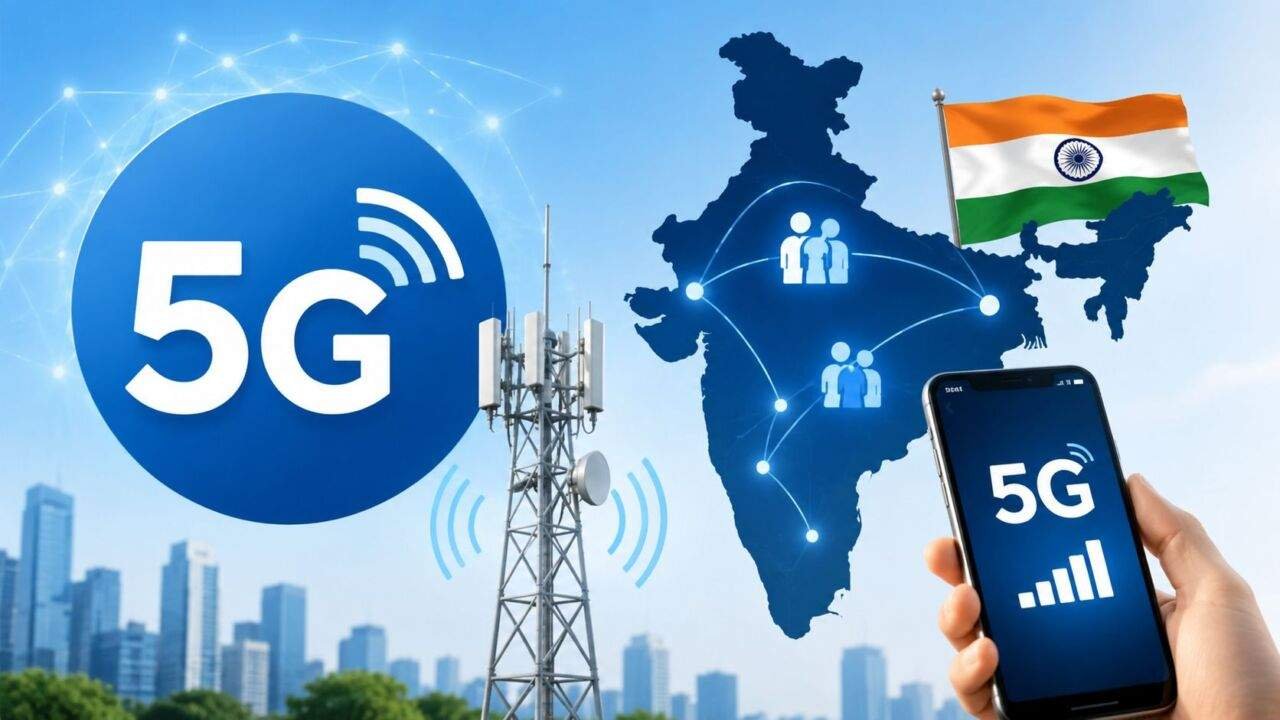 भारत में 5G नेटवर्क विस्तार को दर्शाता चित्र, जिसमें मोबाइल फोन, 5G टावर और भारत का नक्शा दिखाया गया है।
