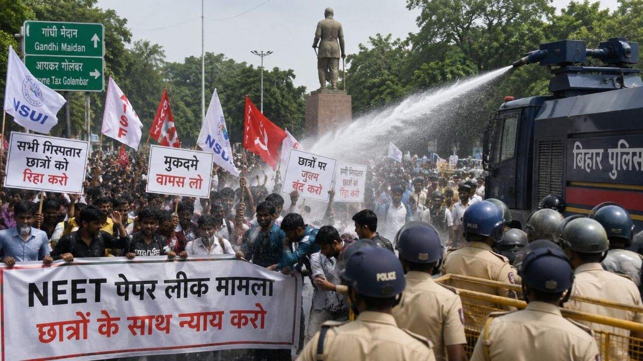 पटना में NEET आंदोलन के दौरान छात्रों पर वाटर कैनन चलाती पुलिस का प्रतीकात्मक दृश्य