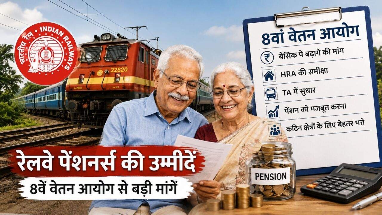 8वें वेतन आयोग और रेलवे पेंशनर्स की मांगों का प्रतीकात्मक दृश्य