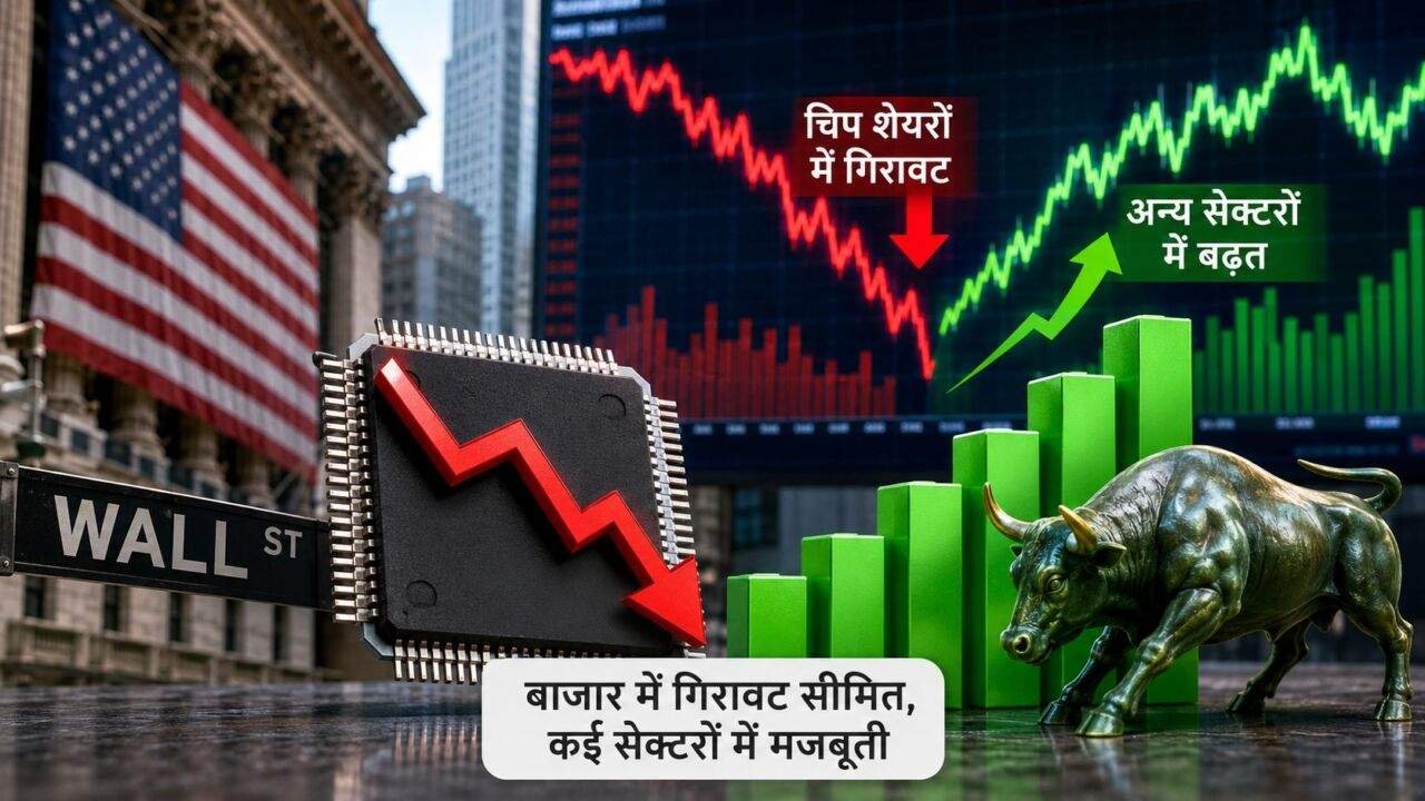 अमेरिकी शेयर बाजार और चिप कंपनियों के शेयरों में उतार-चढ़ाव का प्रतीकात्मक दृश्य