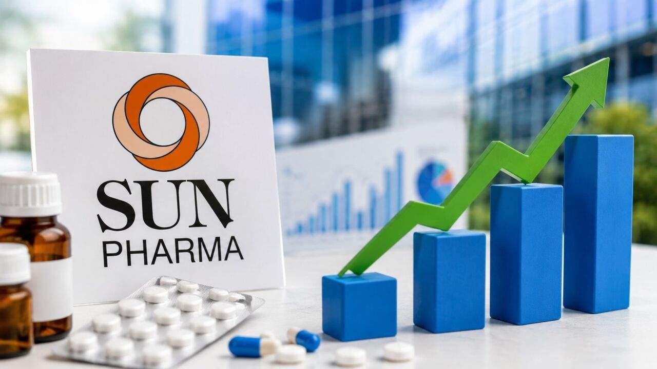 Sun Pharma की दवा पैकेजिंग और कंपनी के वित्तीय प्रदर्शन को दर्शाता प्रतीकात्मक दृश्य।