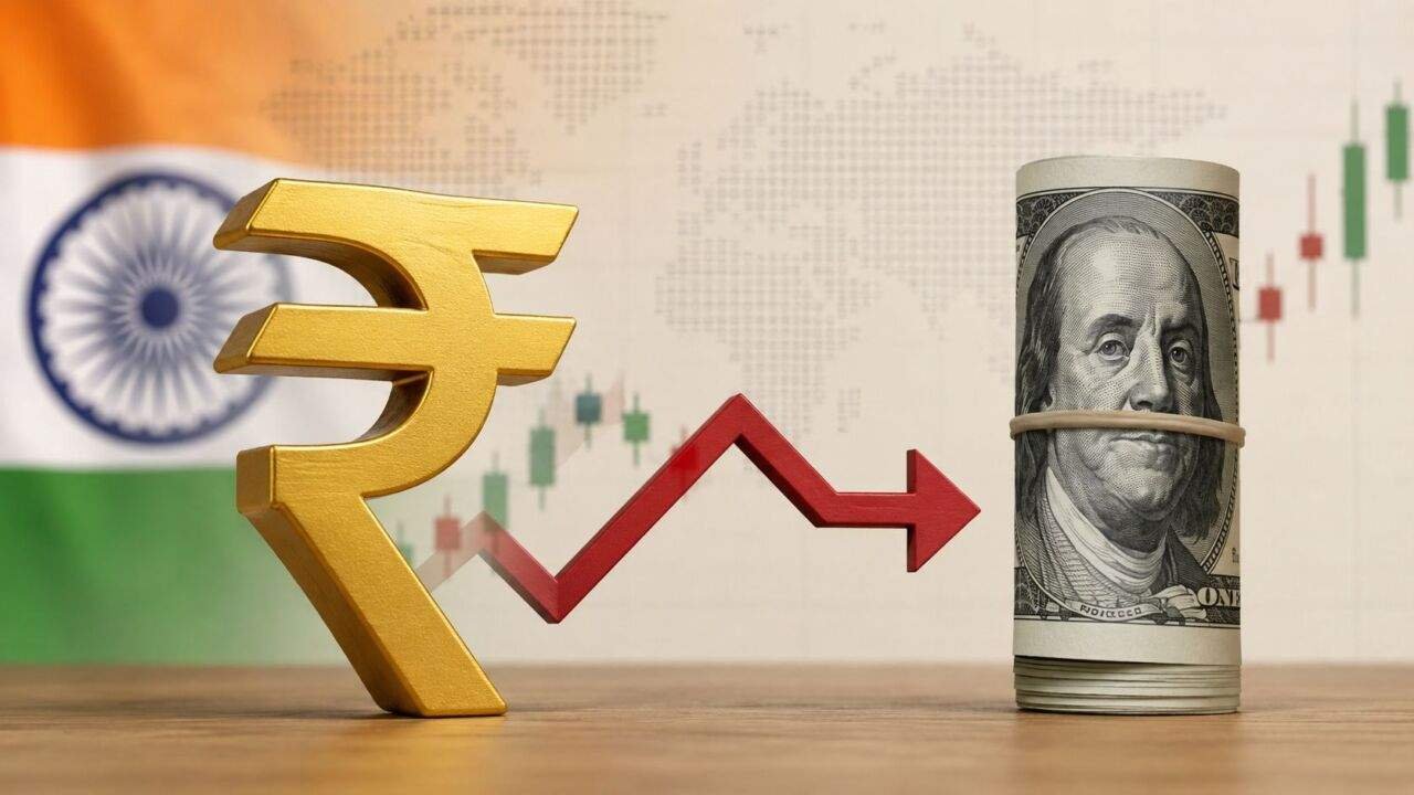 भारतीय रुपया और अमेरिकी डॉलर के बीच विदेशी मुद्रा कारोबार का प्रतीकात्मक दृश्य